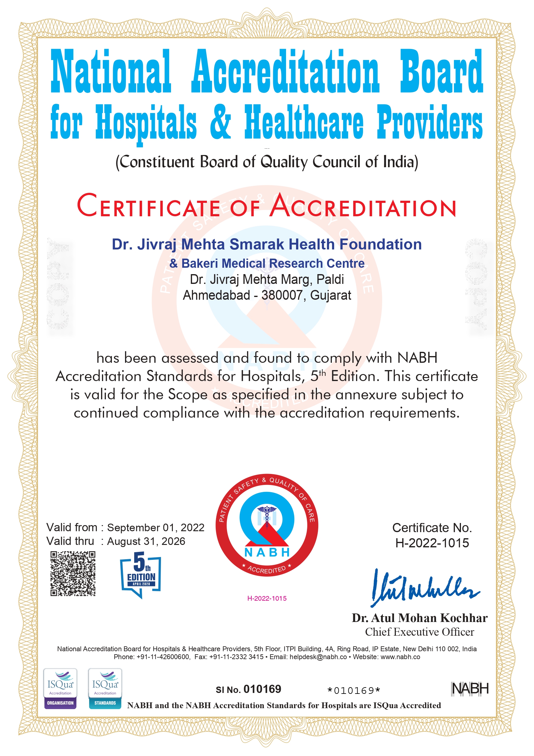 Certificate of Accreditation - Dr. Jivraj Mehta Smarak Health Foundation